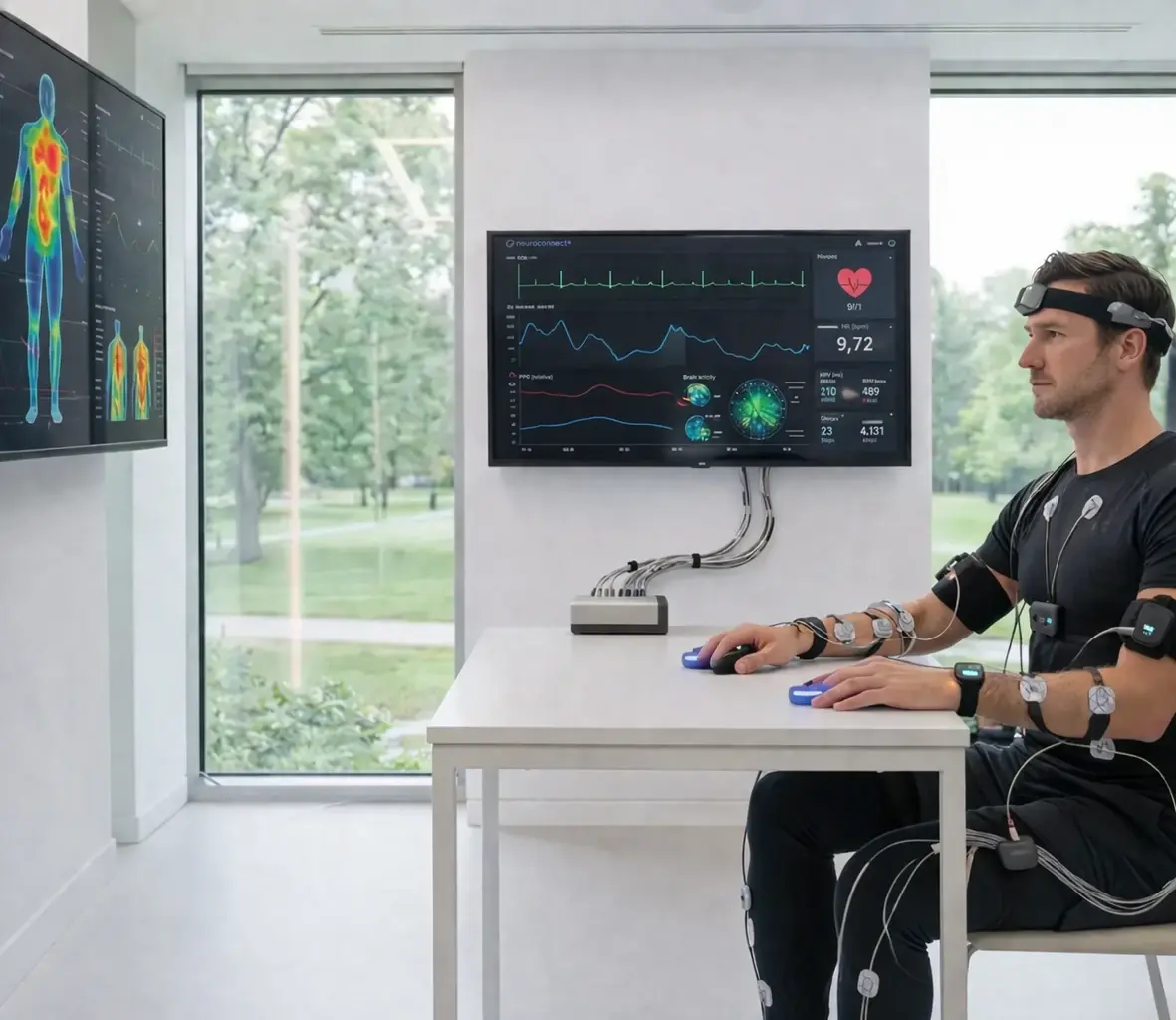 Person undergoing HRU assessment with monitoring equipment